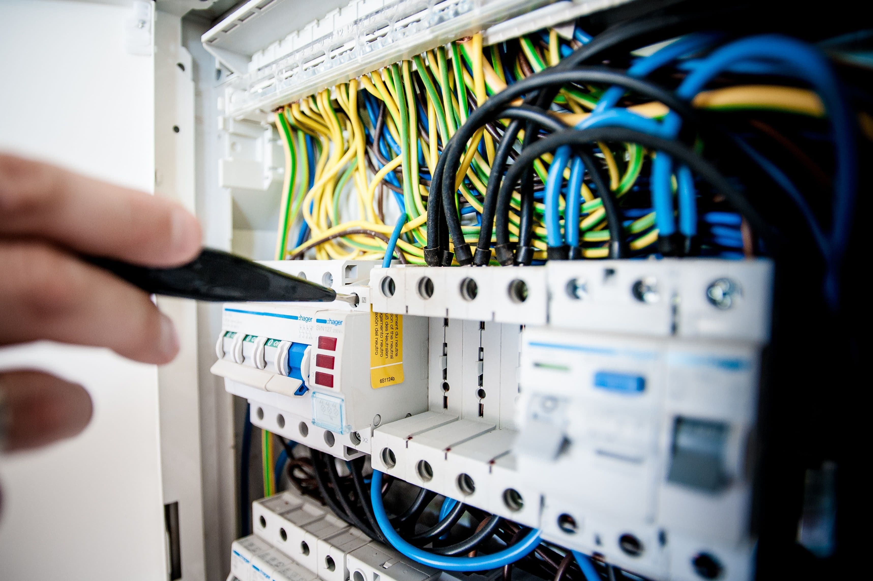 Circuit breakers, protective devices, and wiring inside an electrical distribution board
