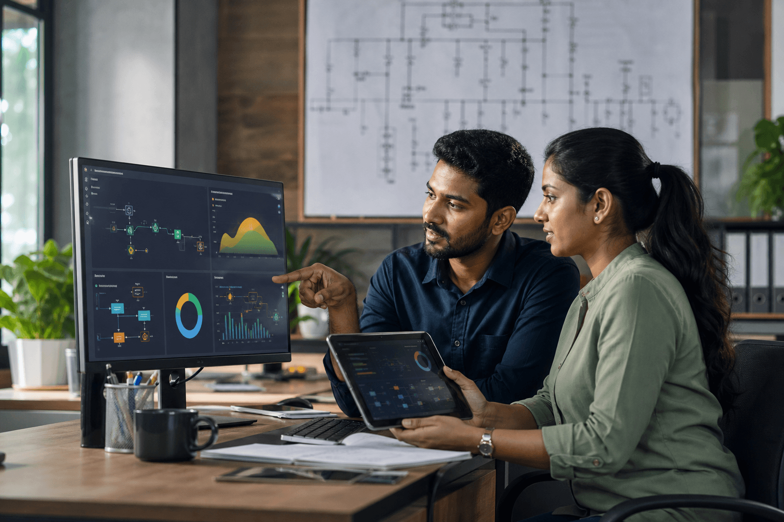 Sri Lankan software and electrical engineers reviewing an energy analytics platform